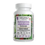 VEGANLY Bottle of VEGANLY Vitamins Multivitamines végétaliennes (French version). The label highlights key features such as